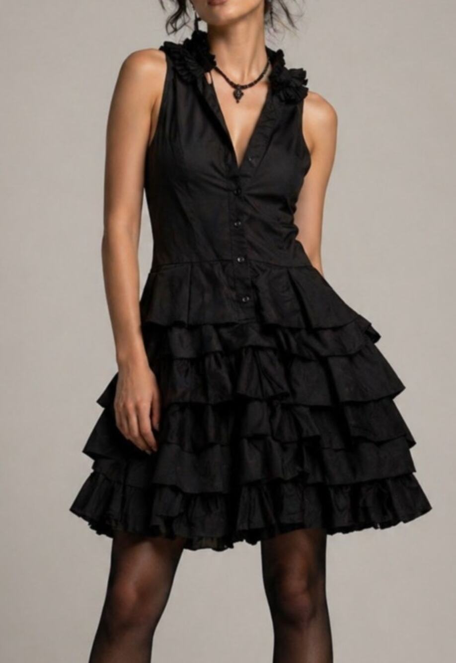 BCBG MaxAzria Tiered Ruffle Dress Size 0 Petite Black Gothic Coquette Steampunk